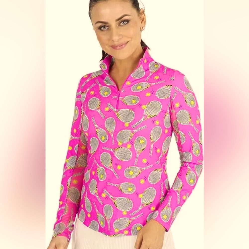 IBKUL Venus Hot Pink Tennis Racket Print Women's Top Size Medium Long Sleeved